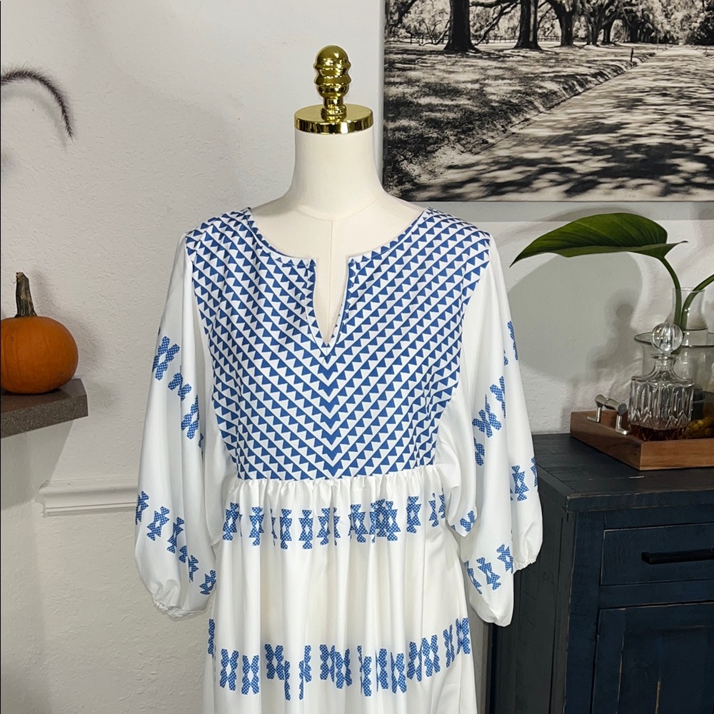 Stylish Blue and White Patterned Women's Dress Large - Picture 3 of 11